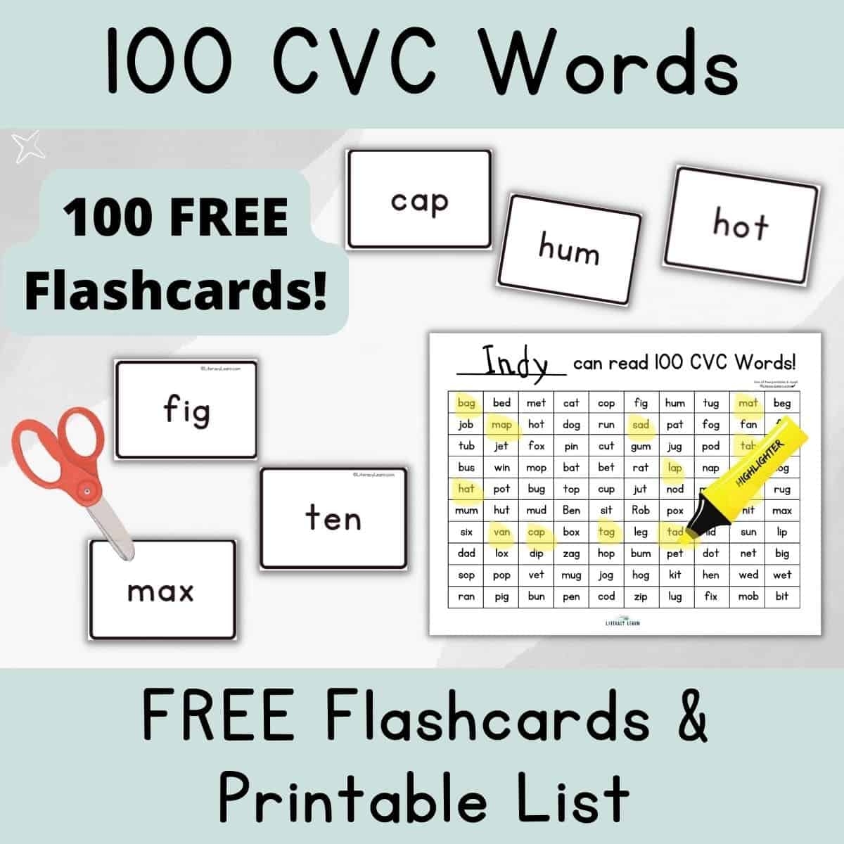 100 Free Printable CVC Words Chart Cards Literacy Learn