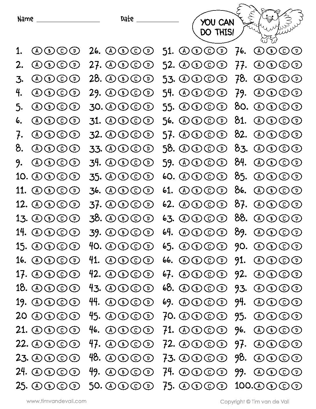 100 Question Answer Sheet Tim s Printables Intended For Blank Answer Sheet Template 1 100