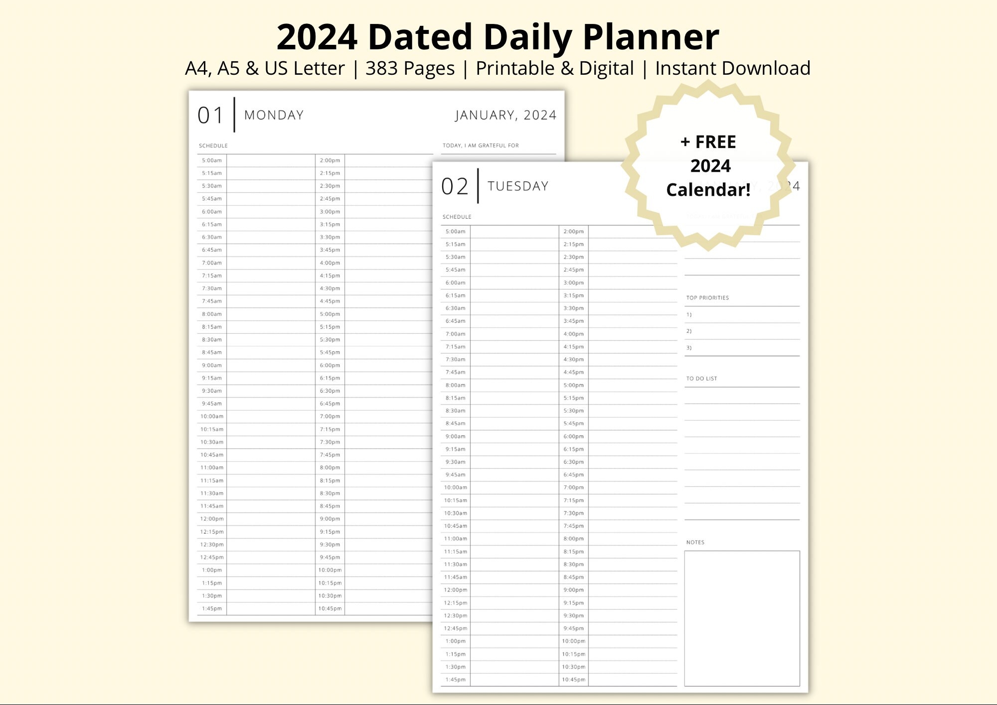 2024 Daily Planner Dated Yearly Calendar 2024 Calendar Pages 15 Minute Planner Time Blocking PDF Printable digital Diary A4 a5 letter Etsy