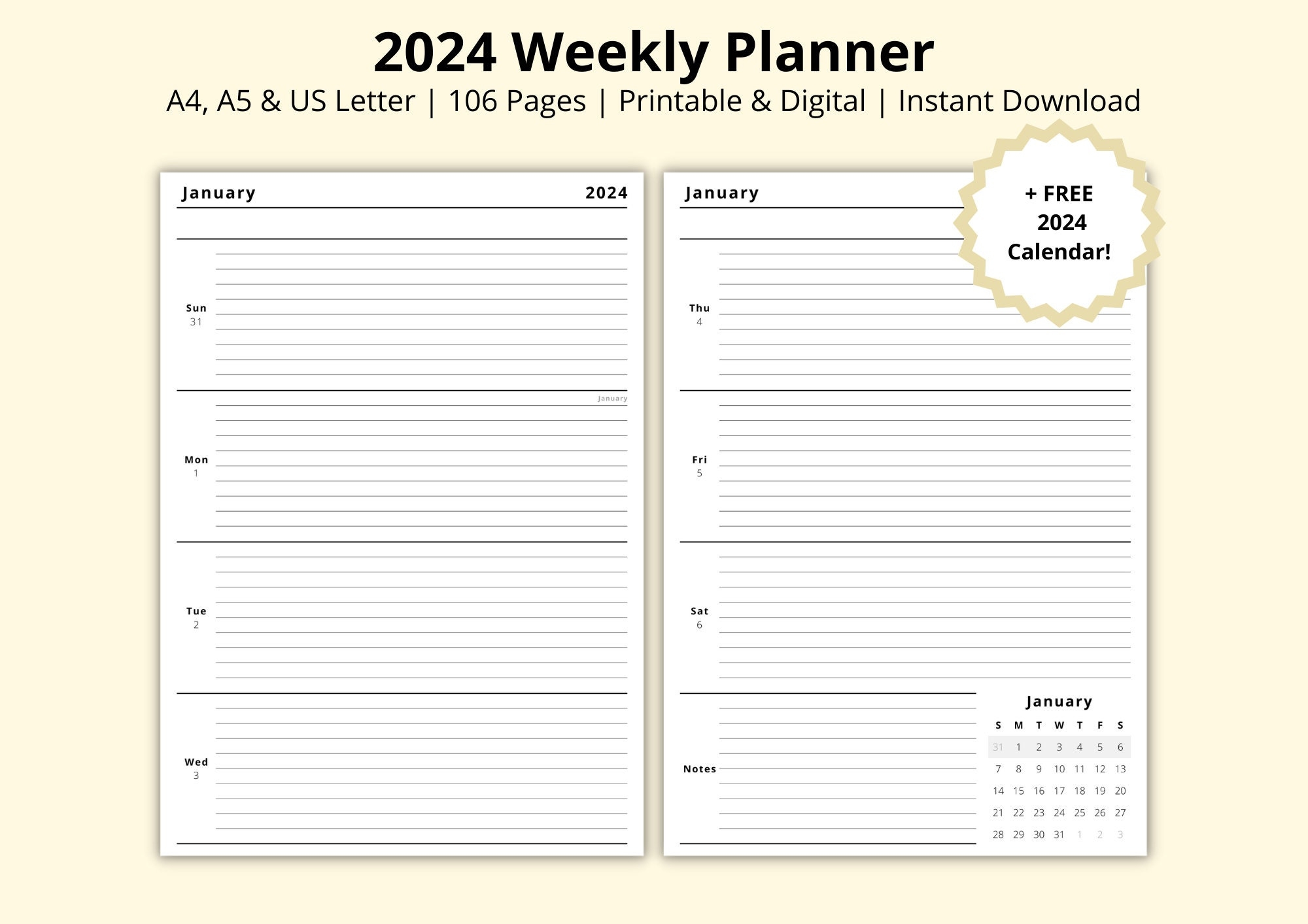 2024 Weekly Planner Dated Yearly Calendar 2024 Calendar WO2P Annual Planner Week At A Glance Printable digital Diary A4 a5 letter Etsy