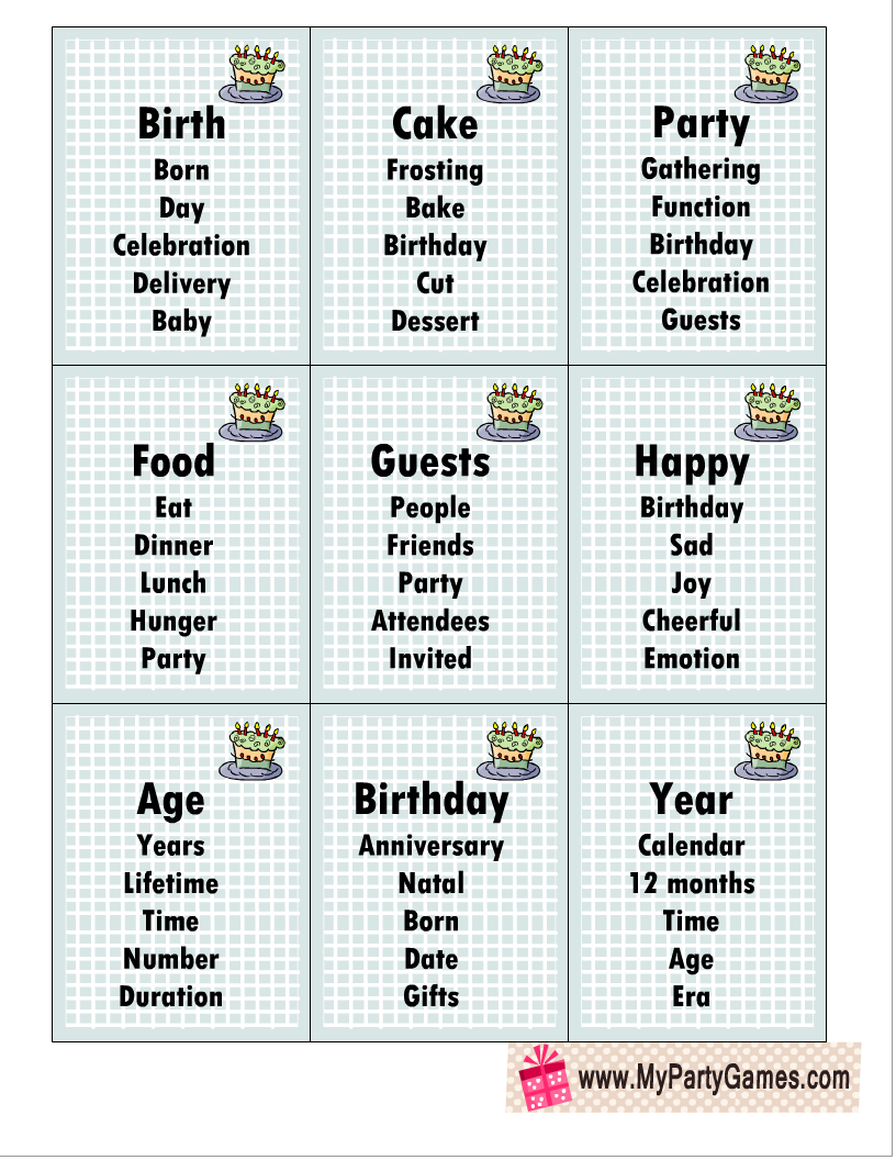 24 Free Printable Birthday Taboo Inspired Game Cards