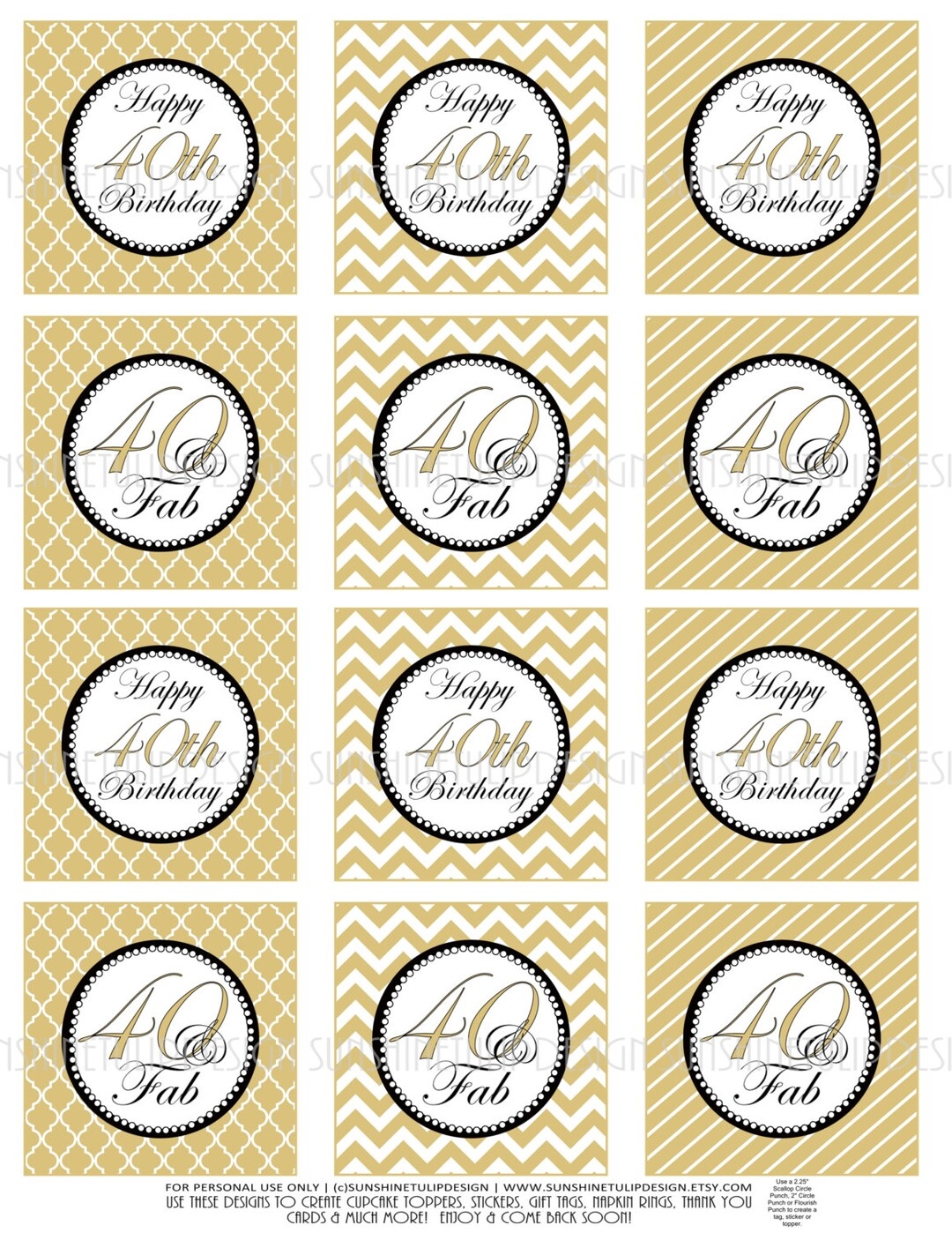 40th Birthday Cupcake Toppers Printable Gold And Black 40th Birthday Cupcake Toppers And Gift Tags By Sunshinetulipdesign Etsy Sweden