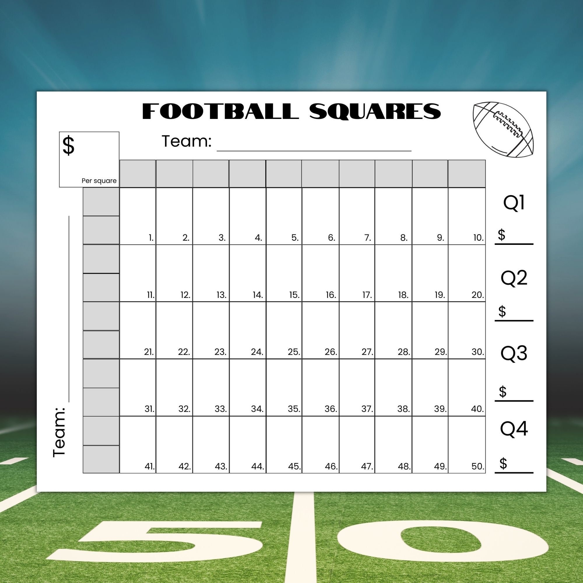 50 Squares Football Squares Game Printable Football Fundraiser Football Betting Game Football Square Grid Etsy