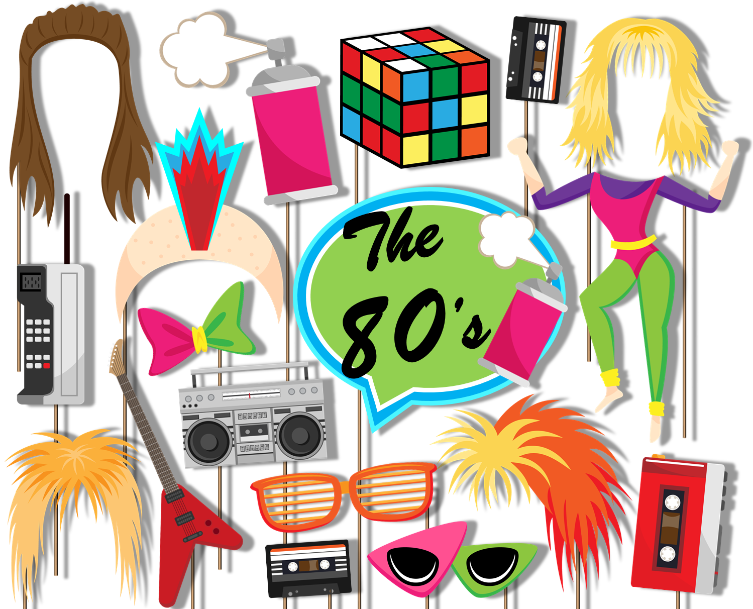 80 s Totally Awesome Decade Photo Booth Props 20pcs Assembled
