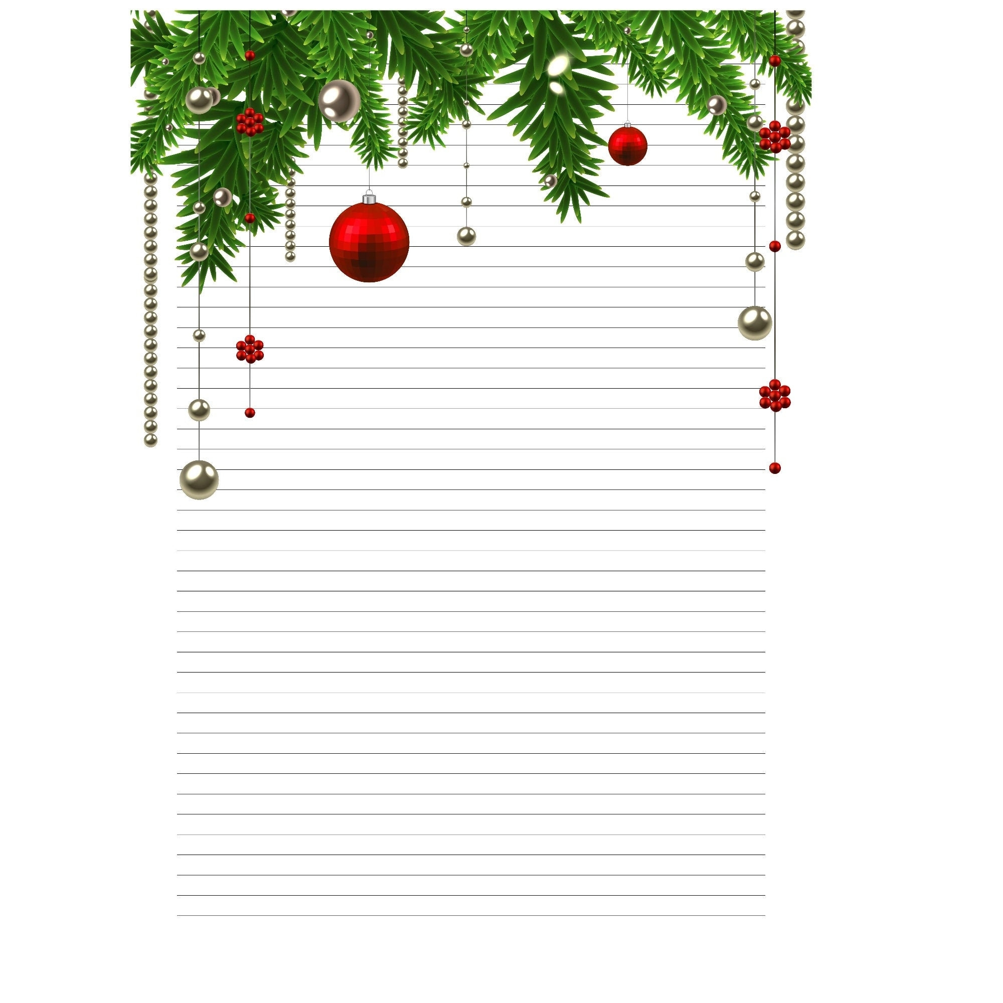 A4 Lined Printable Paper Christmas Stationery Christmas Letters Instant Download Baubles Etsy
