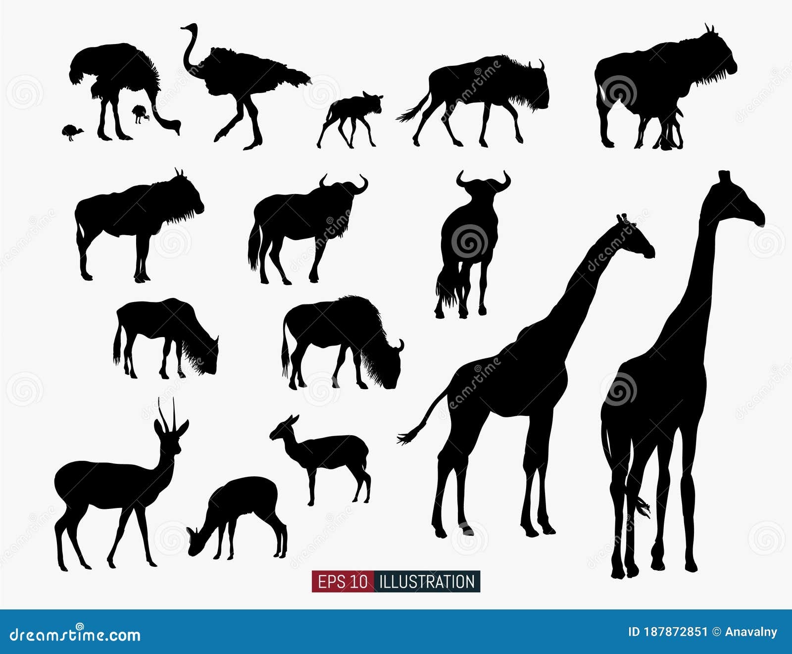 African Animals Silhouettes Set Ostrich Giraffe Antelope Wildebeest Template For Your Design Works Stock Vector Illustration Of Ostrich South 187872851