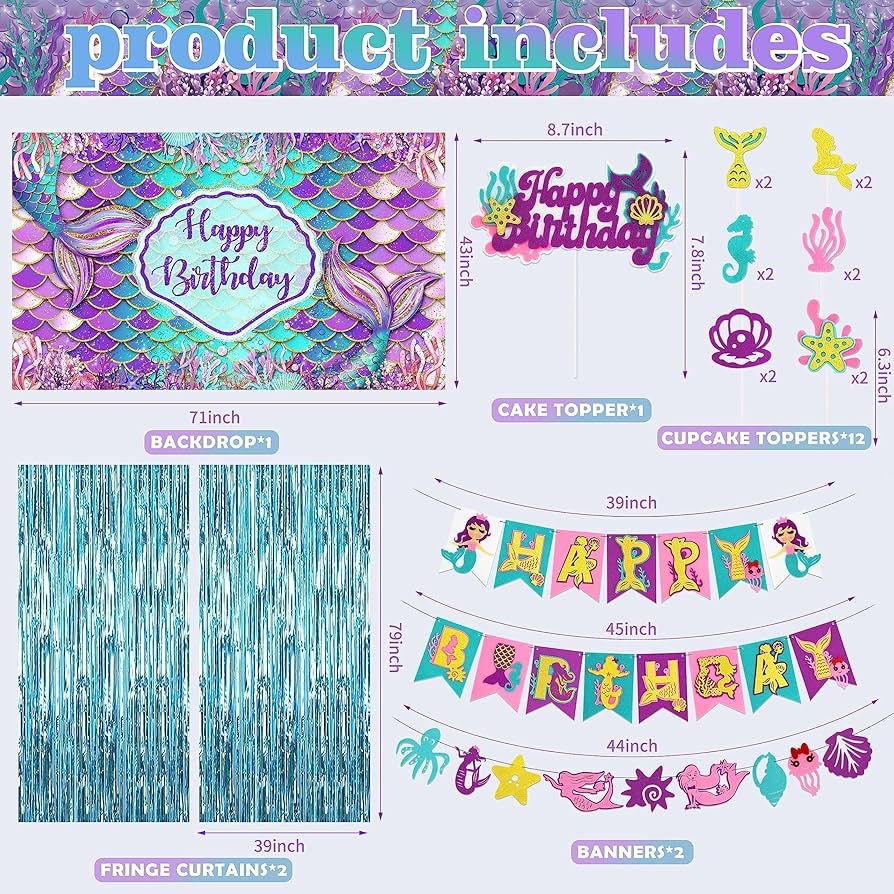 Amazon 109Pcs Mermaid Theme Birthday Decorations For Girl Mermaid Party Supplies Including Tablecloth Backdrop Banners Cake Toppers Mermaid Foil Balloons And Latex Balloons Fringe Curtain Decorations Kit Toys Games