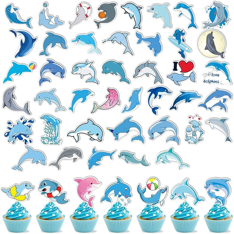 Amazon 50 Pieces Dolphin Cupcake Toppers Ocean Sea Animal Cake Decoration Blue Dolphin Theme Stickers 2 In 1 Party Decoration Baby Shower Birthday Wedding Party Decor Grocery Gourmet Food