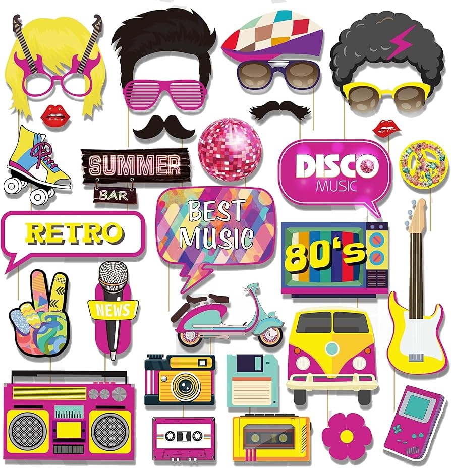 Amazon 80s Photo Booth Props 33pcs Throwback Photo Booth Props Funny 1980s Theme Party Supplies Decor Multi Color Home Kitchen