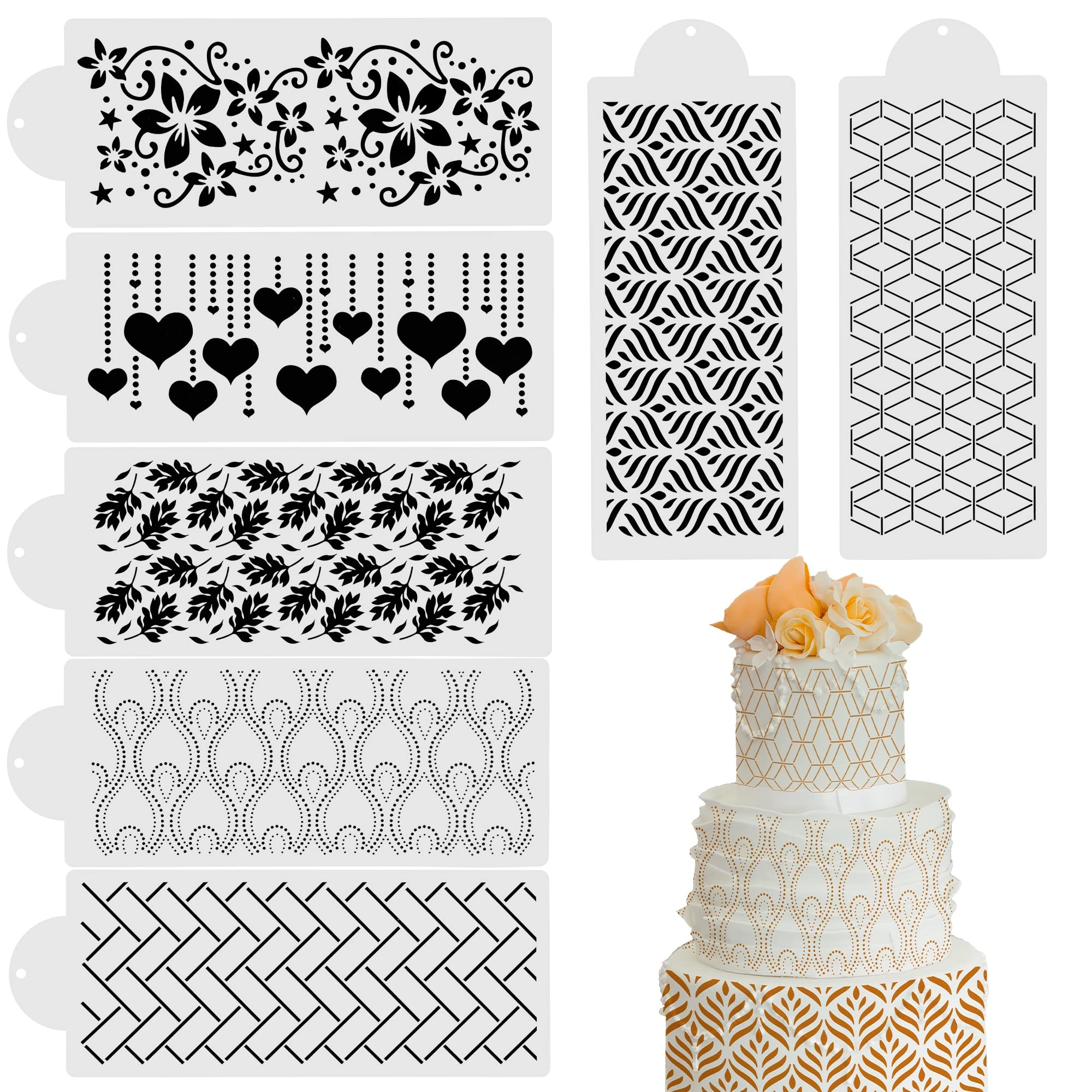 Amazon Cake Decorating Stencils Templates 7 PCS Decorating Cake Stencil Tool Cake Side Pattern Stencils For Buttercream Lace Cake Border Stencils DIY Craft Wedding And Birthday Cake Decorations Home Kitchen