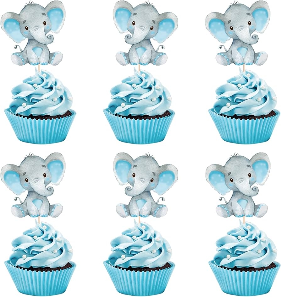 Amazon Double Sided Blue Baby Elephant Cupcake Toppers Birthday Party Or Baby Shower Food Picks Decor And Party Supplies Set Of 24 Grocery Gourmet Food