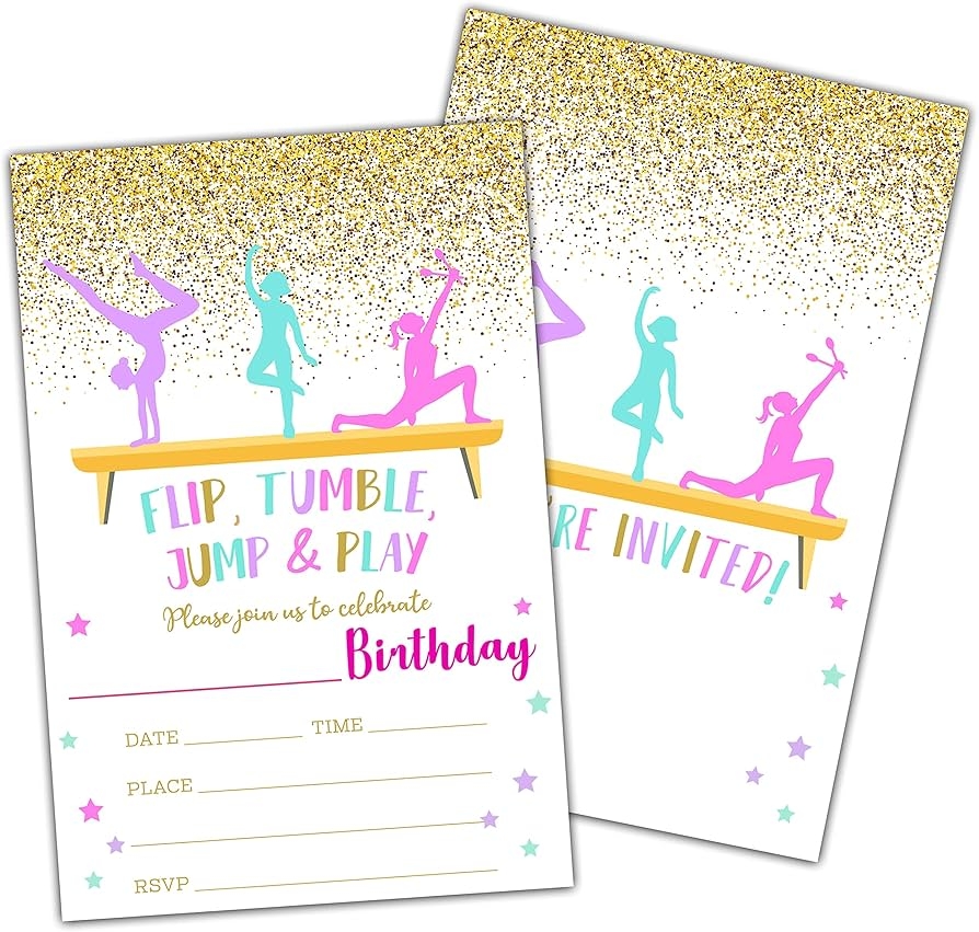 Amazon Gymnastics Gold Foil Birthday Party Invitation Cards Flip Tumble Jump Play Double Sided Party Invites For Teens Boys Girls Party Celebration Supplies 20 Fill In Invitations With Envelopes B13 Home