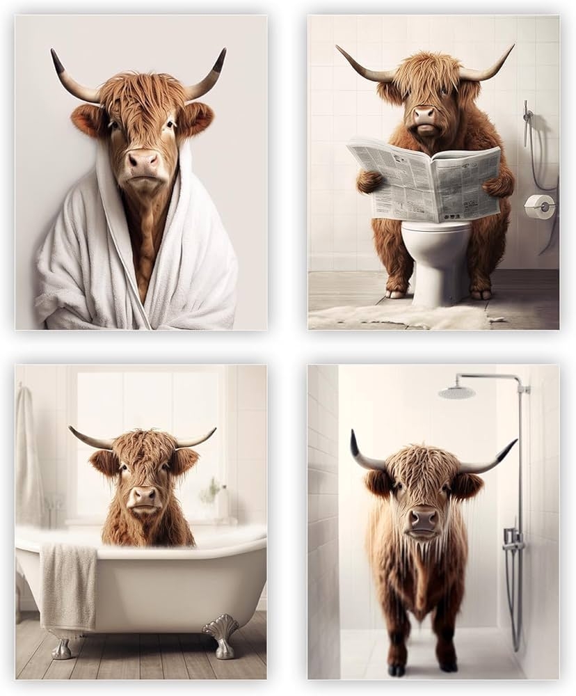 Amazon Heilkee Funny Highland Cow Bathroom Decor Animal Bathroom Wall Art Brown Cattle In Bathtub Picture Rustic Farmhouse Style Posters Prints Cow In Toilet Decorations Set Of 4 UNFRAMED 8x10in Posters Prints