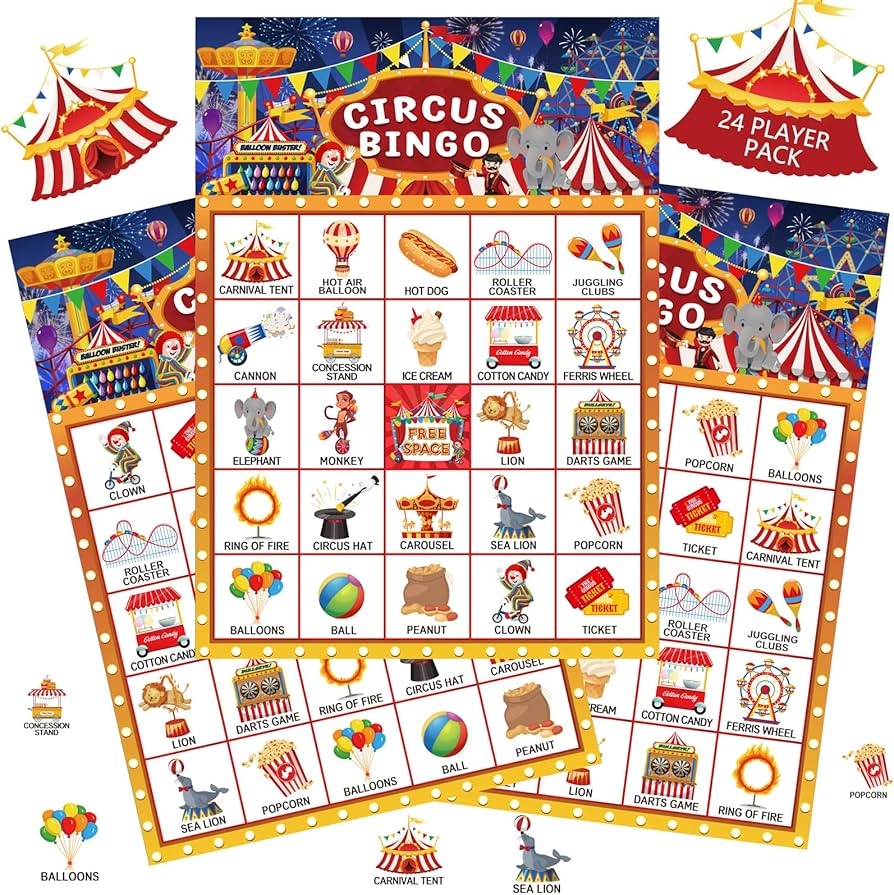 Amazon Liliful 35 Pcs Carnival Party Games 24 Players Circus Bingo Games Carnival Party Bingo Cards For Boys Girls Adults Family Classroom Activities Carnival Birthday Party Favors Supplies Toys Games