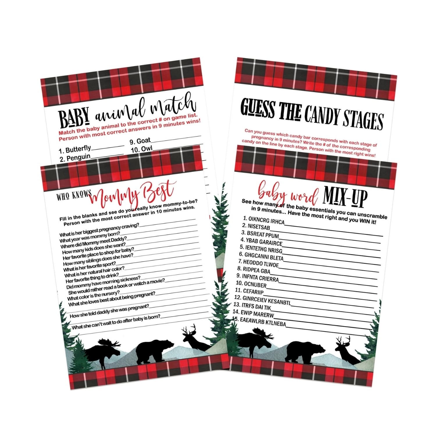 Amazon Lumberjack Baby Shower Games 25 Each Baby Shower Scramble Game Who Knows Mommy Best Baby Animal Matching Hilarious Candy Bar Match Boys Baby Shower Activity Planning Ideas Double Sided Cards 