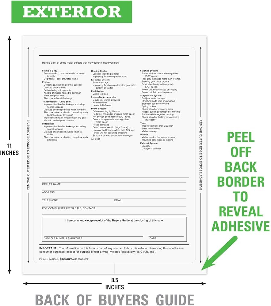 Amazon Outdoor Buyers Guides For Car Dealers Exterior Window Stickers 8 5 X 11 Inches 100 Per Pack Implied Warranties Automotive