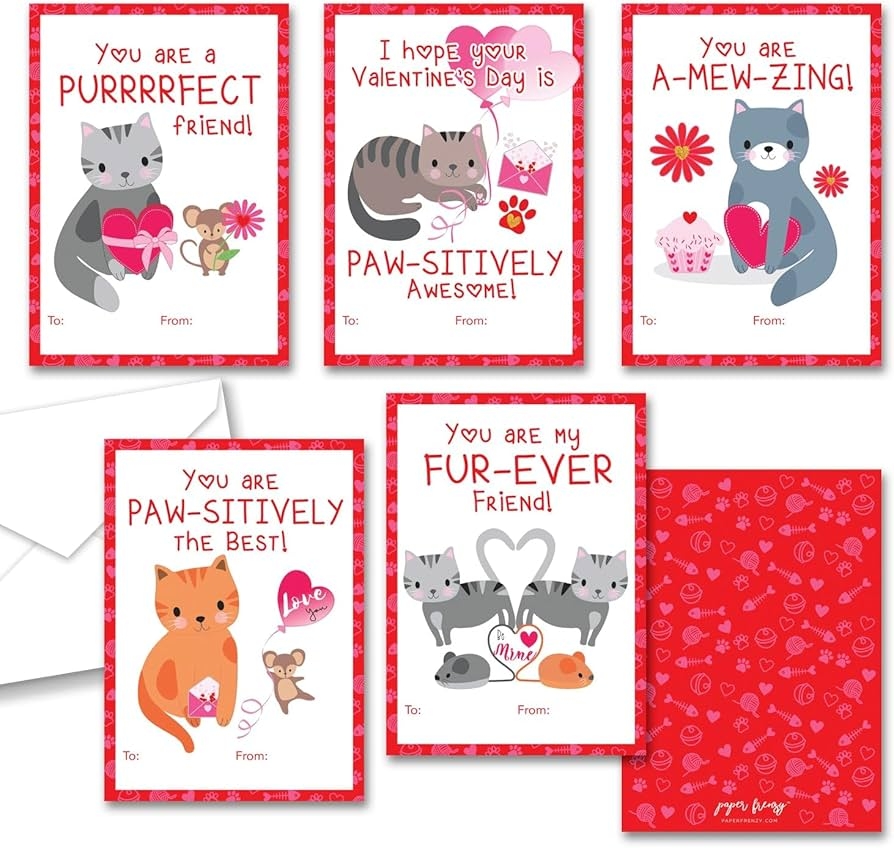 Amazon Paper Frenzy Cat Kitten Themed Valentines 25 Pack WITH ENVELOPES Office Products