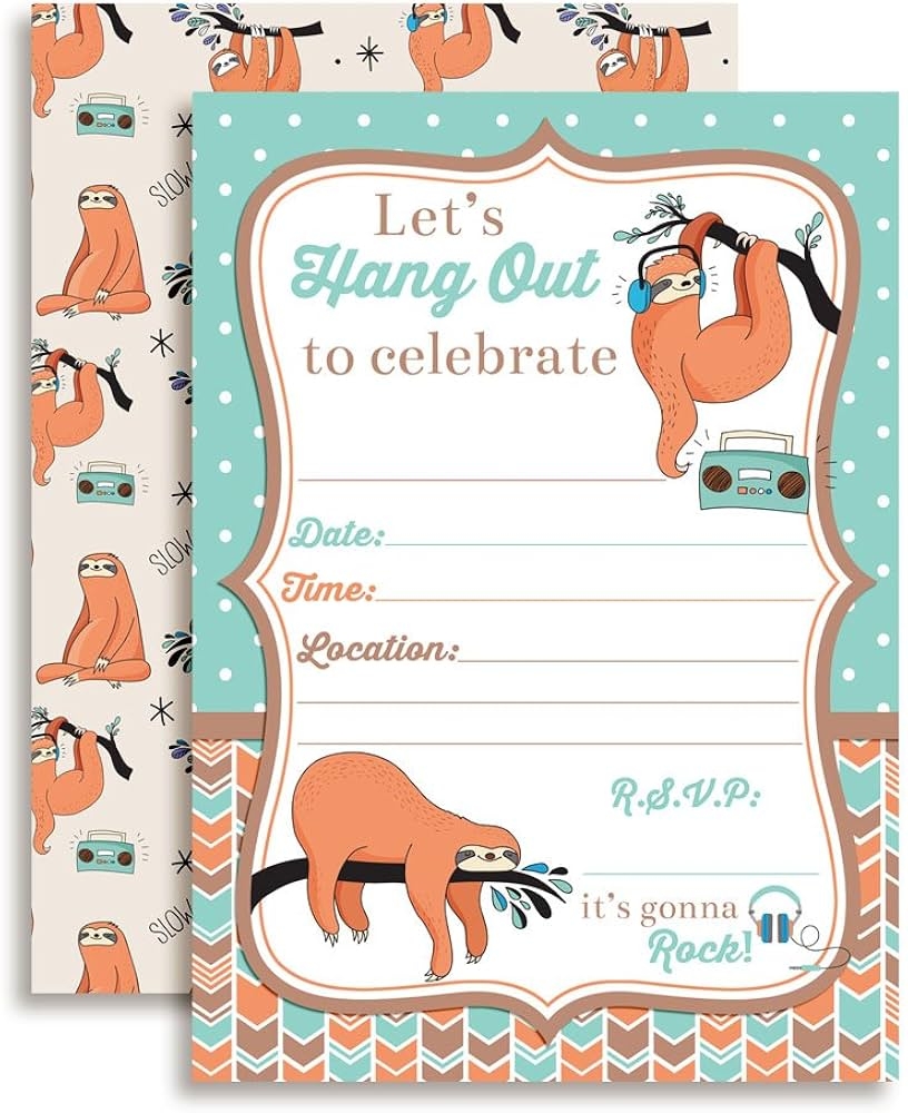 Amazon Silly Sloth Birthday Party Invitations 20 5x7 Fill In Cards With Twenty White Envelopes By AmandaCreation Home Kitchen