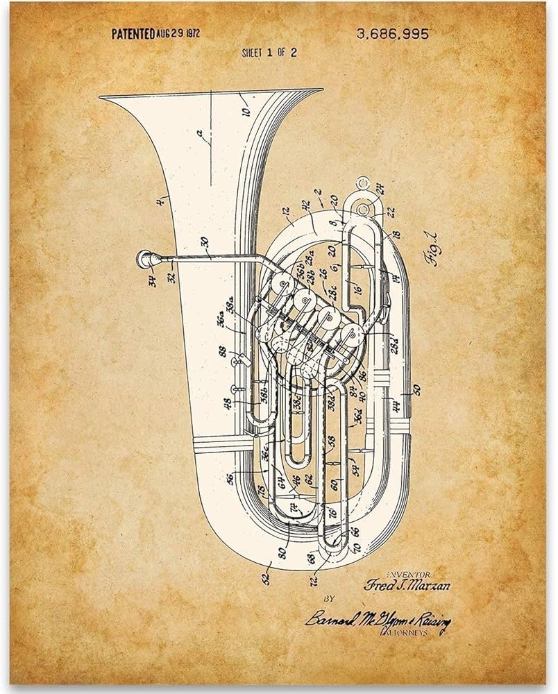 Amazon Tuba Patent Print Classic Music Room Decor Brass Wind Instrument Antique Orchestra Art Print Vintage Gift For Band Directors And Jazz Musicians 11x14 Unframed Patent Print Poster Home 