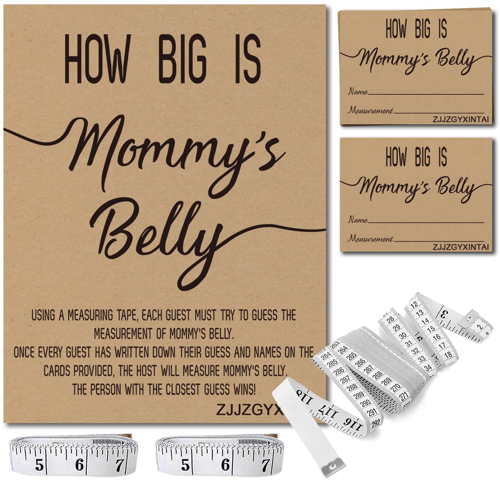 Amazon ZJJZGYXINTAI How Big Is Mommy s Belly Rustic Baby Shower Gender Neutral Game Includes 8x10 Inch Kraft Standing Sign And 50 Guessing Cards 3 Rolls 120 Feet Measuring Tape Home Kitchen