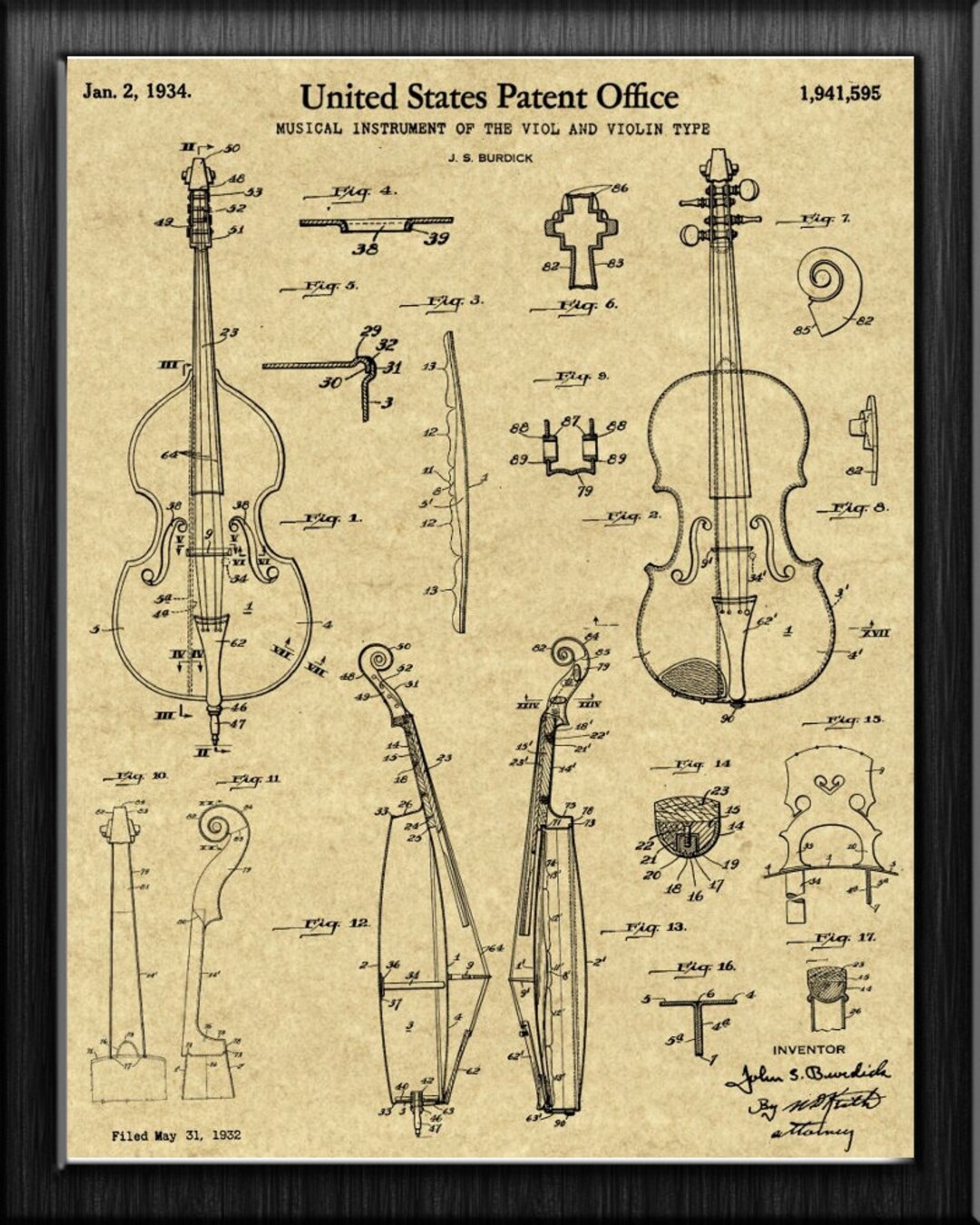 Antique 1932 Musical Instrument Of The Viol And Violin Type Violin Patent Art Print Musician Gift Violin Blueprint Violin Player Gift Etsy