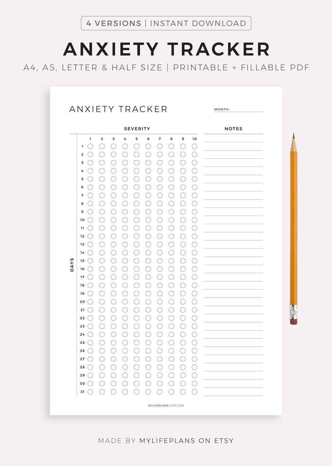 Anxiety Tracker Printable Template Track Daily Anxiety Levels Anxiety Log Mental Health Care A4 a5 letter half Instant Download PDF Etsy