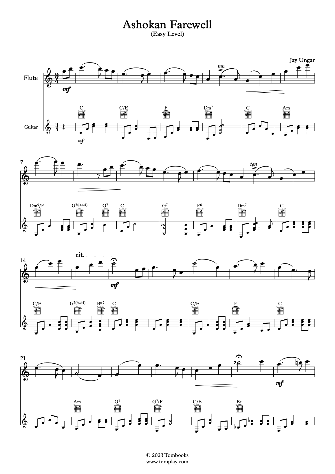 Ashokan Farewell Easy Level Jay Ungar Flute Sheet Music