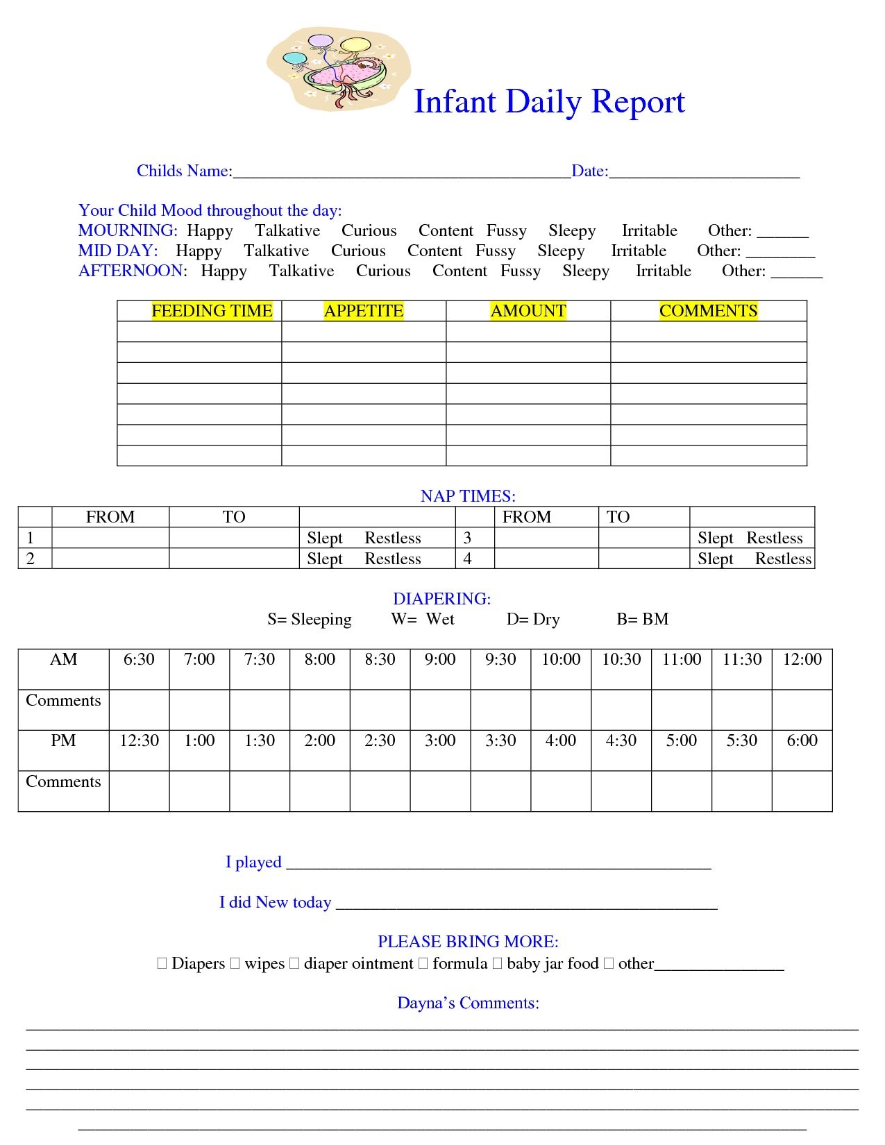 Baby Daily Sheet Infant Daily Report Download As Doc For Daycare Infant Daily Report Template