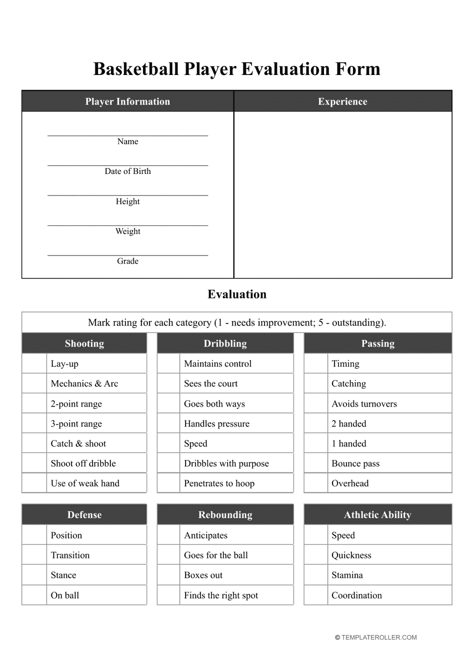Basketball Player Evaluation Form Fill Out Sign Online And Download PDF