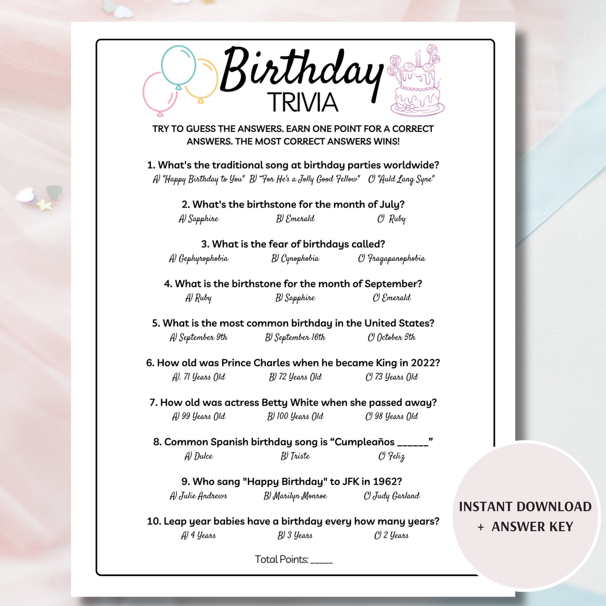 Birthday Trivia Game Printable Birthday Games Fun Birthday Trivia Birthday Questions And Answers Birthday Quiz Etsy