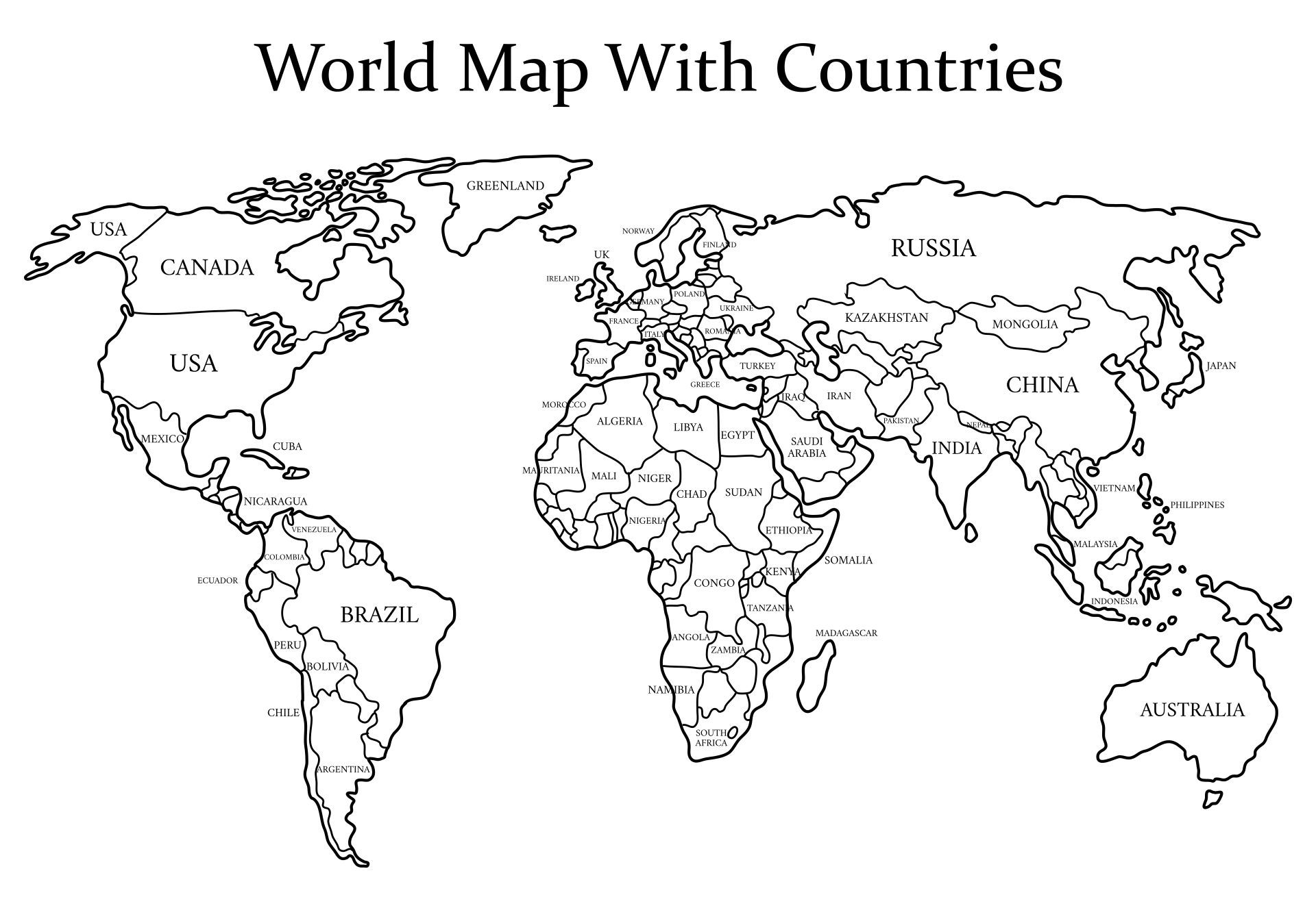 Black And White World Map 20 Free PDF Printables Printablee