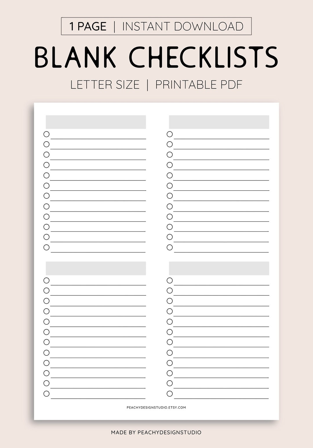 Blank Checklist Printable INSTANT DOWNLOAD PDF To Do Lists Task Organizer Travel Packing List Shopping List Etsy