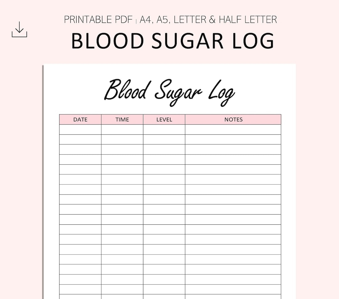 Blood Sugar Log Printable Blood Sugar Reading Tracker Blood Glucose Tracker Diabetes Printable PDF A4 A5 Letter Half Letter Etsy