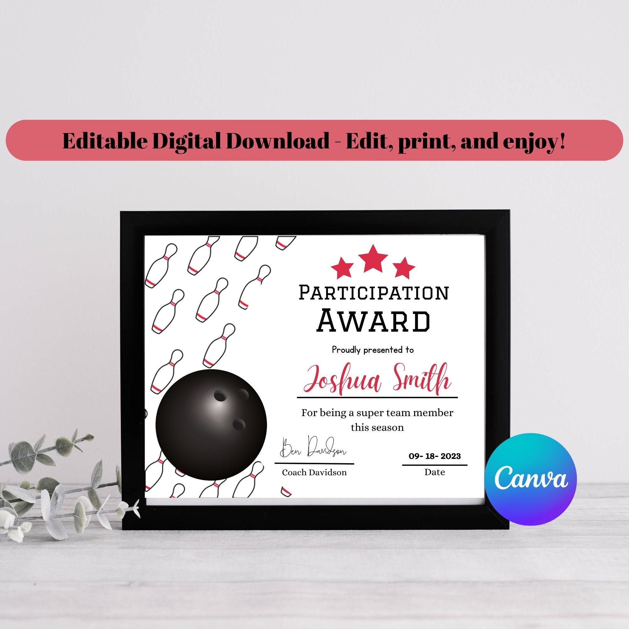 Bowling Award Editable Bowling Participation Certificate Bowling Participation Award Printable Bowling Award Certificate Instant Download Etsy