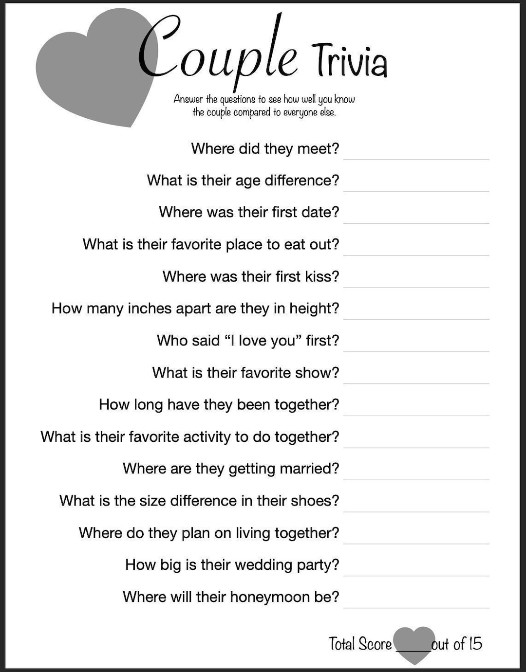 Bridal Shower Game Couple Trivia Digital Download printable Etsy