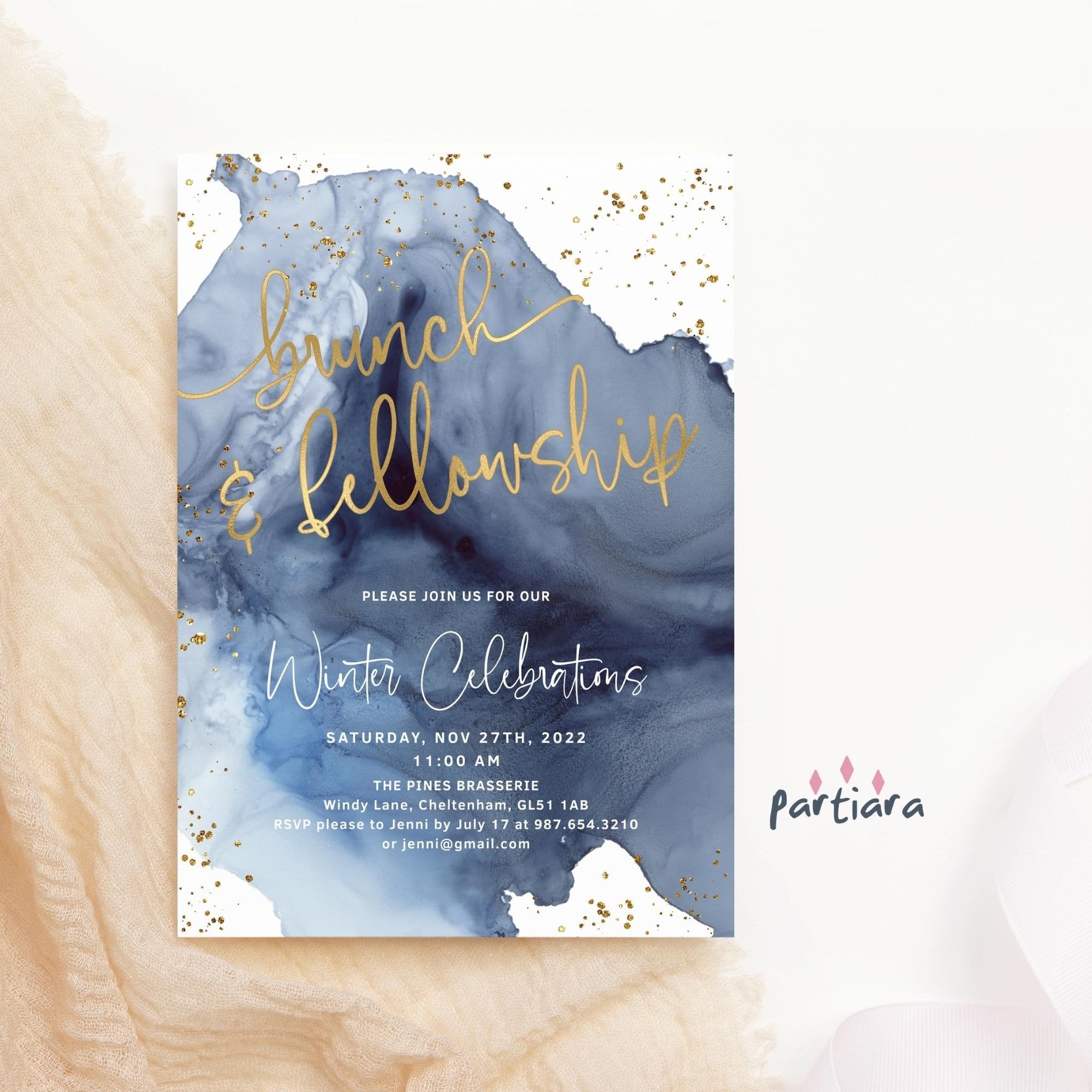 Brunch And Fellowship Church Invitation Printable Ladies Brunch Party Invite Digital Download Navy Blue Gold Decor Editable Template P239 Etsy