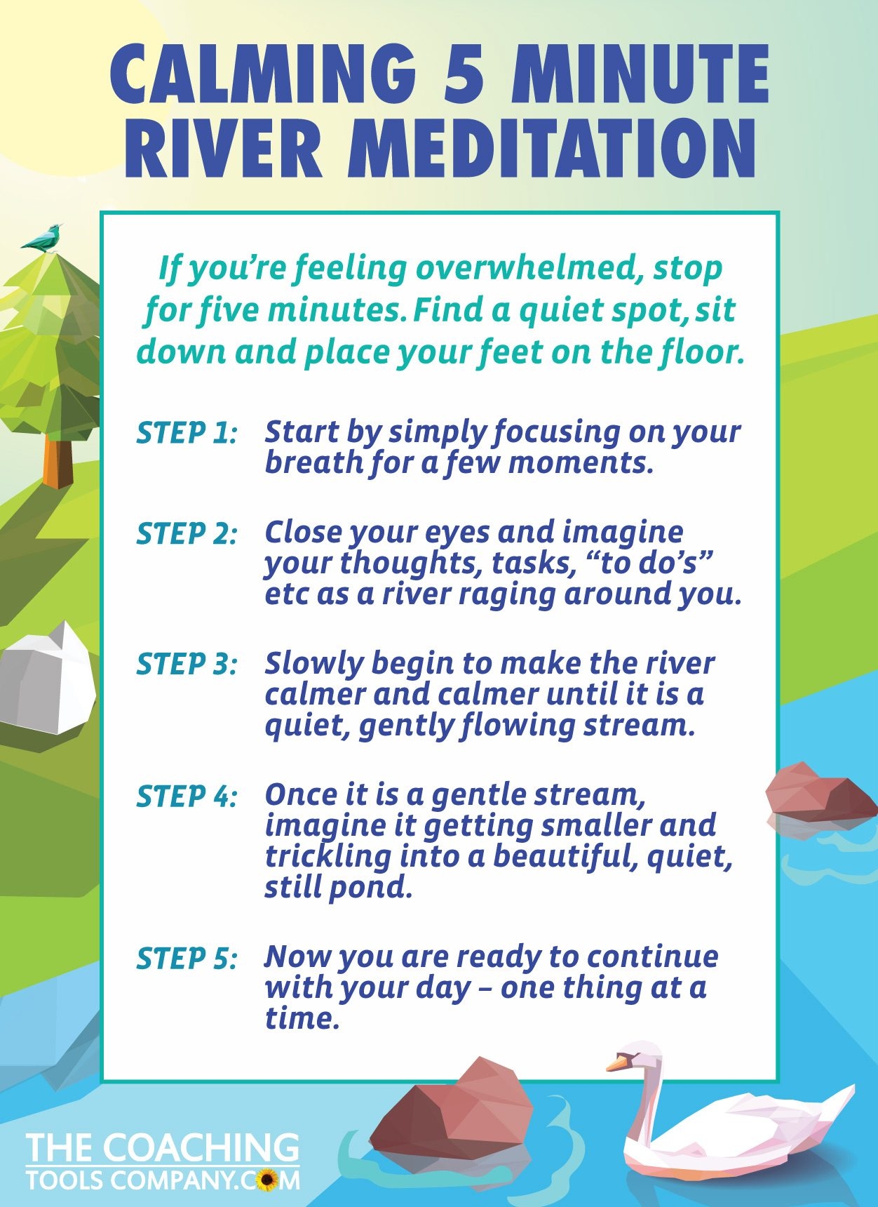 Calming River 5 Minute Meditation GRAPHIC The Launchpad The Coaching Tools Company Blog