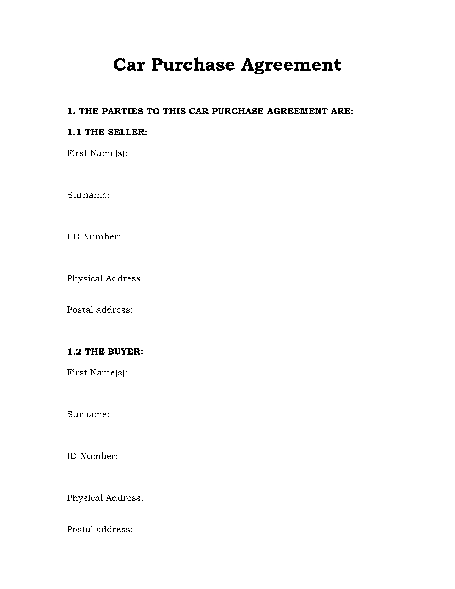 Car Purchase Agreement Template Get Free Sample Now 