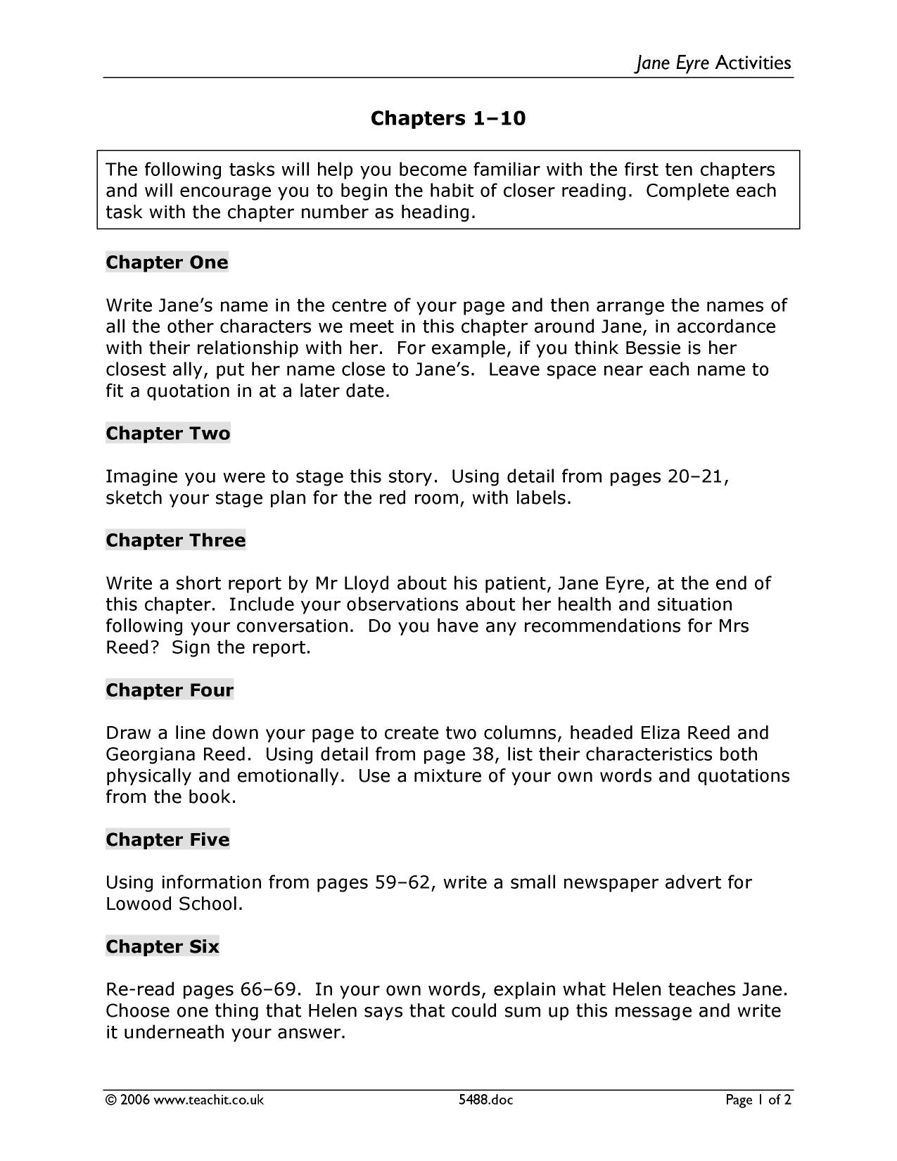 Chapters 1 10 Activities Jane Eyre KS4 English Teachit