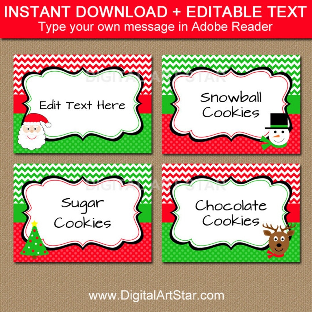Christmas Buffet Cards Christmas Label Template Cute Christmas Tent Cards Xmas Candy Buffet Labels Red Green Santa Snowman Reindeer C4 Etsy