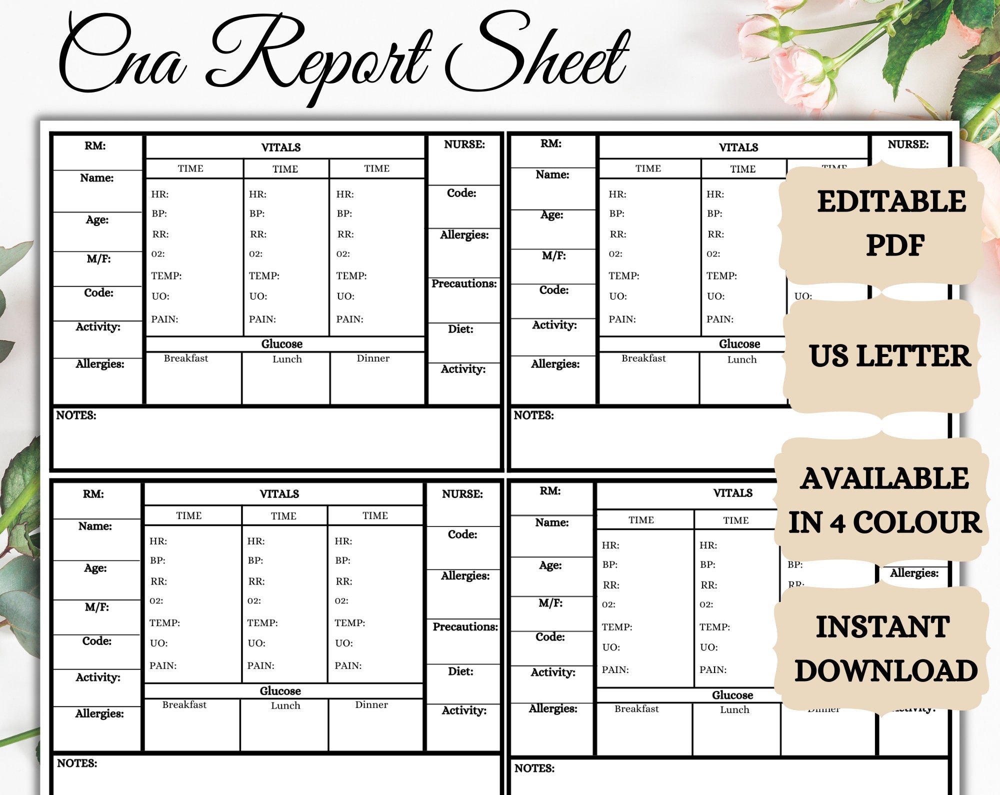 CNA Sheet Report Cna Template Printable Fully Editable Cna Flow Sheet Digital Download Vitals Log Etsy