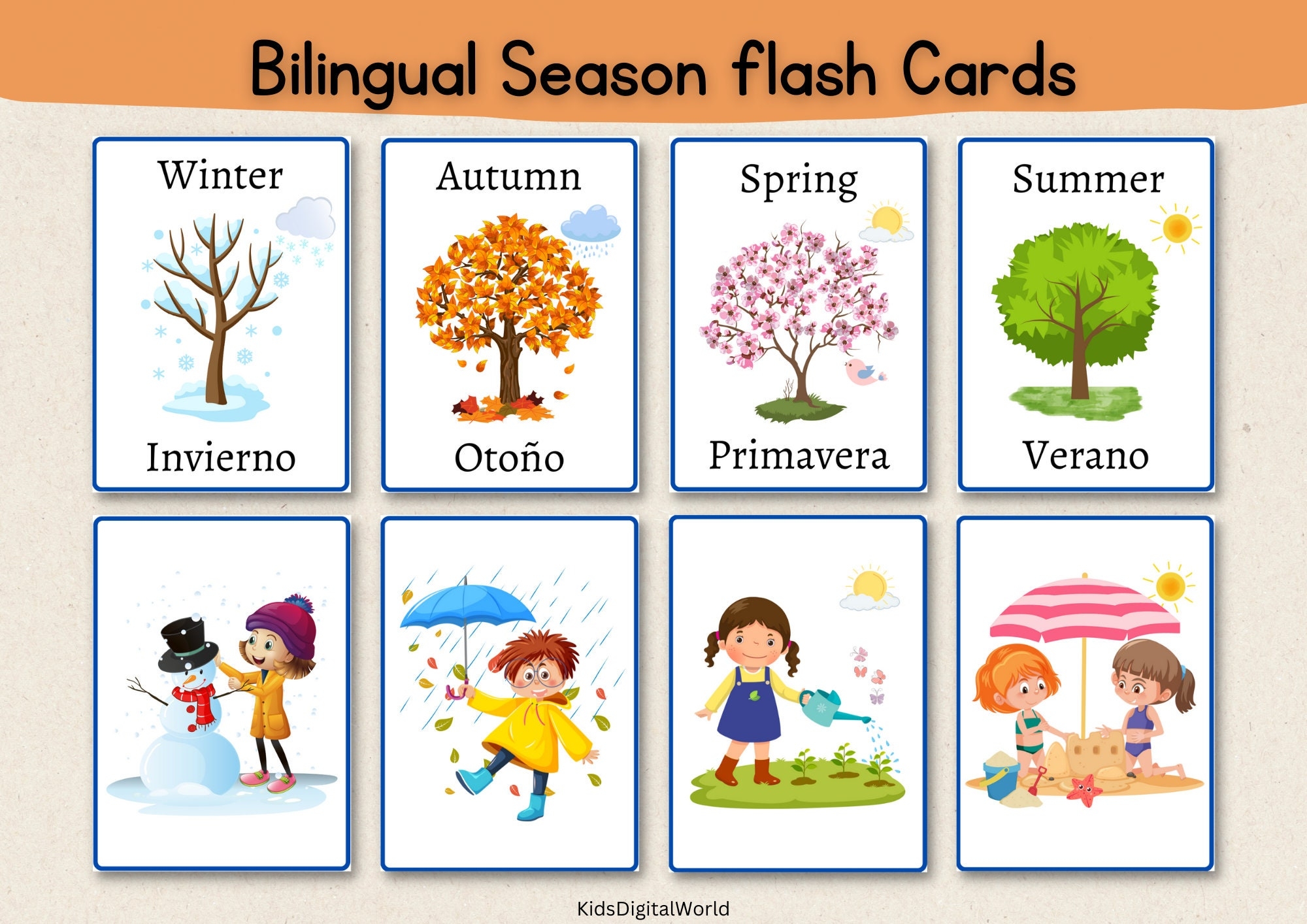 Colorful Season Flash Cards Bilingual Seasons Flashcards Matching Cards Digital Download Kids Wall Decor Etsy
