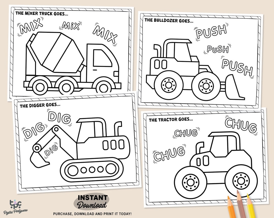 Construction Trucks Coloring Pages Printable Kids Party Games Tractor Birthday Favor Homeschool Printable Sheet Builder Activity Etsy