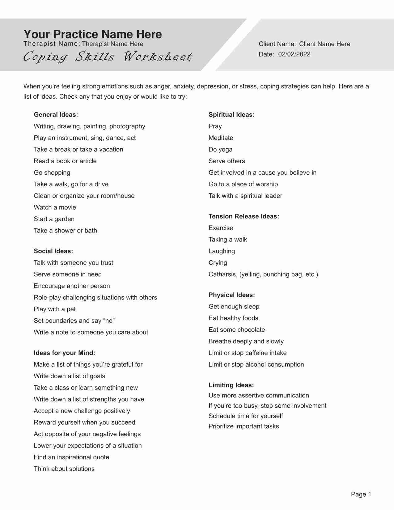 Coping Free Printable Worksheets