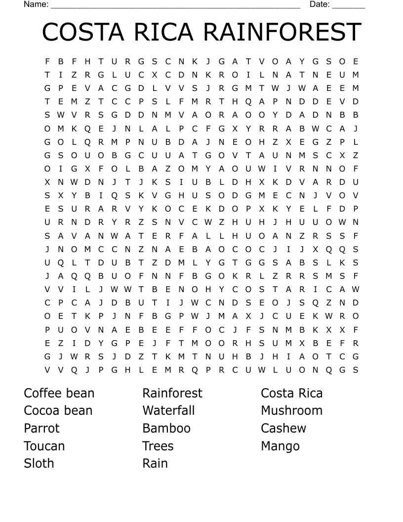 COSTA RICA RAINFOREST Word Search WordMint
