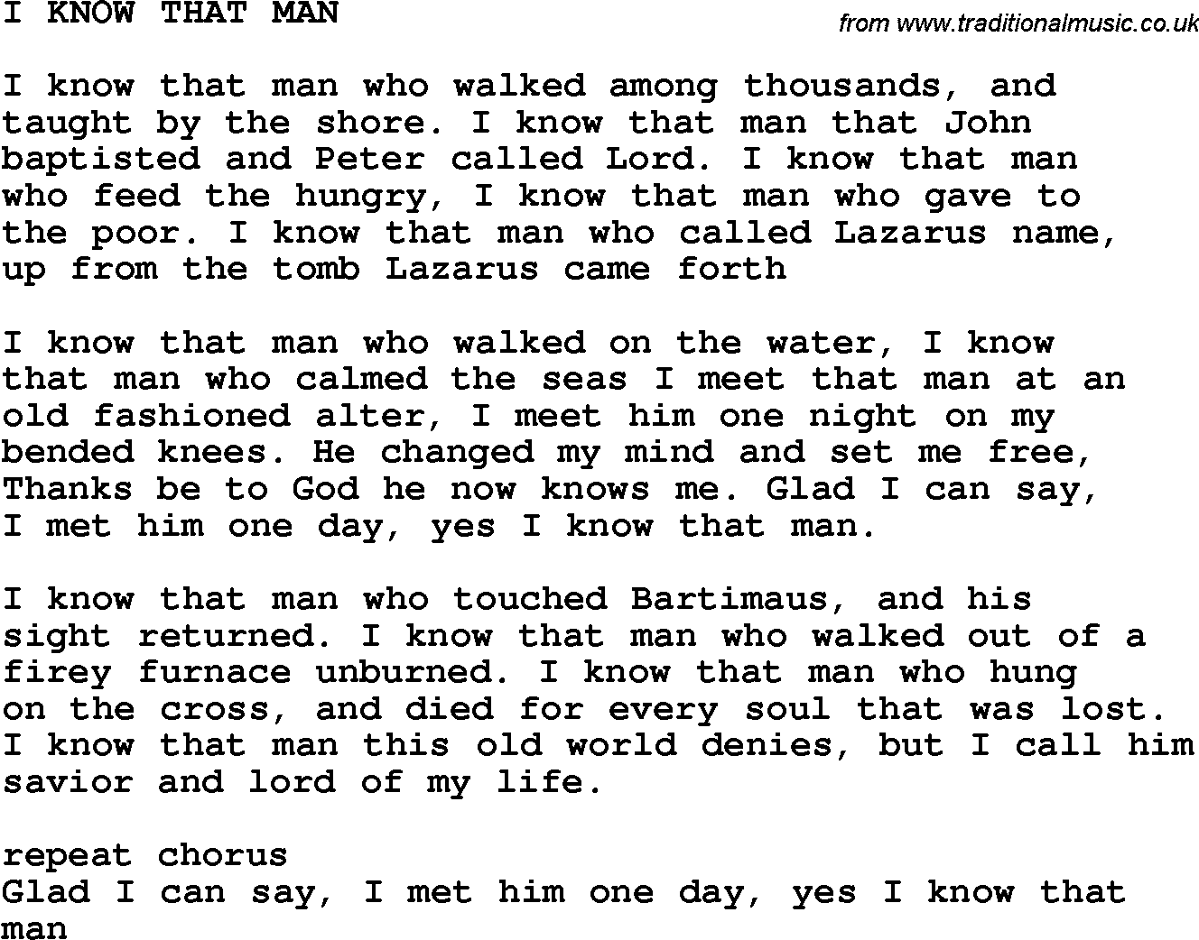 Country Southern And Bluegrass Gospel Song I Know That Man Lyrics