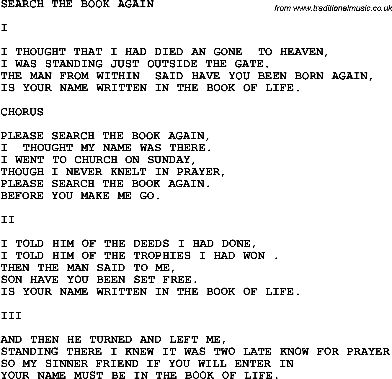 Country Southern And Bluegrass Gospel Song Search The Book Again Lyrics
