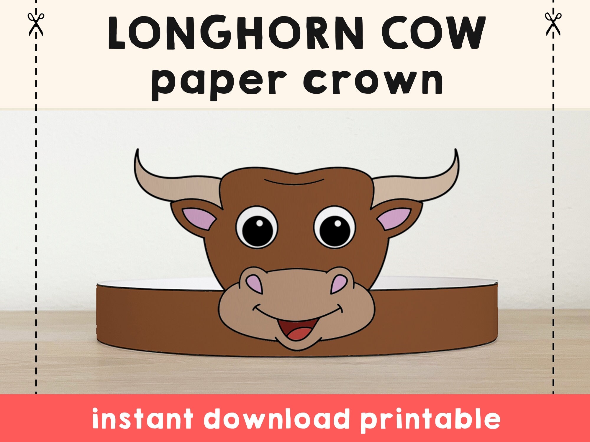Cow Longhorn Paper Crown Headband Party Printable Kids Craft Wild West Costume Birthday Printable Favor DIY Instant Download Etsy