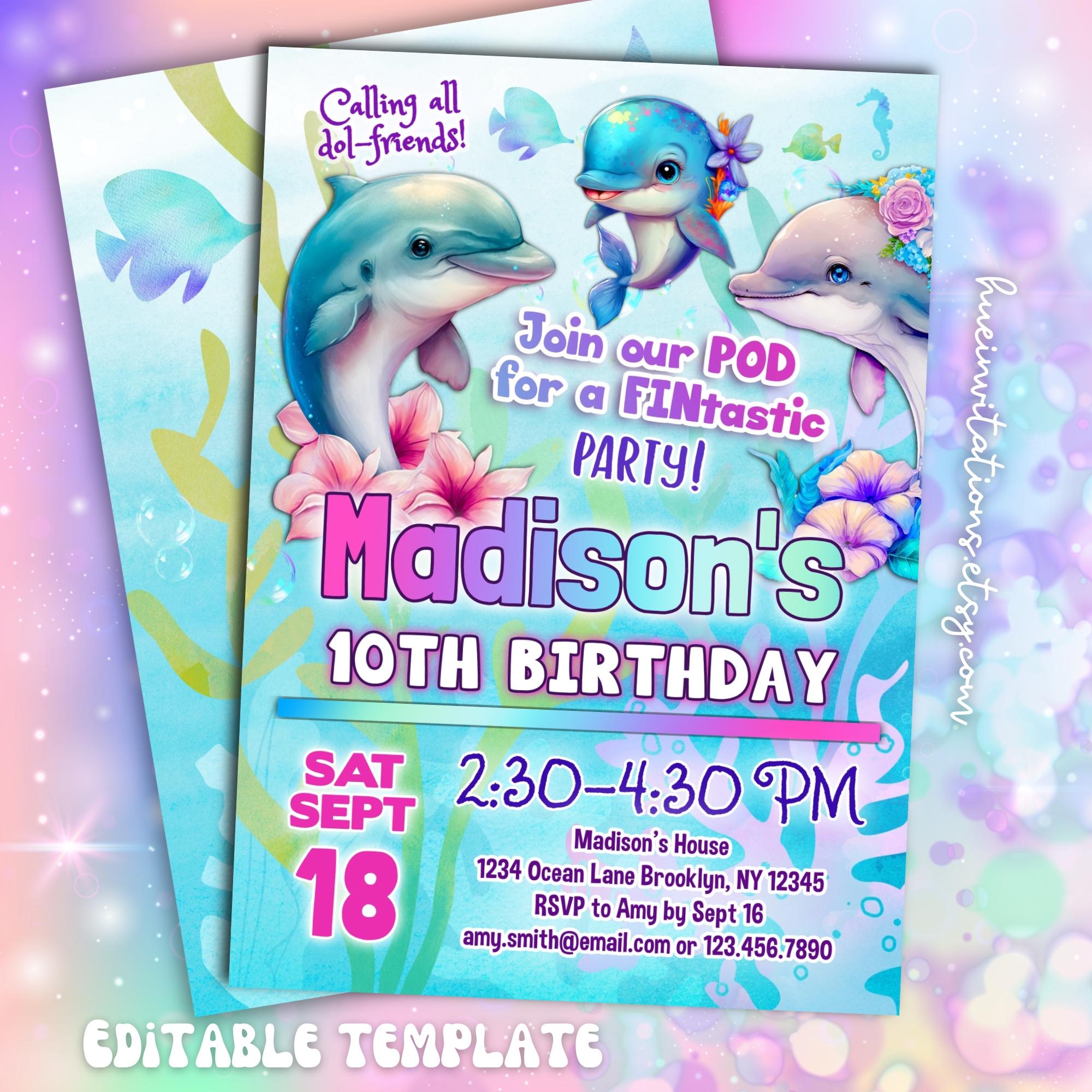 Cute Dolphin Birthday Party Invitation Under The Sea Hawaiian Dolphins Birthday Invite Girls Tropical Ocean Birthday Editable Template Etsy