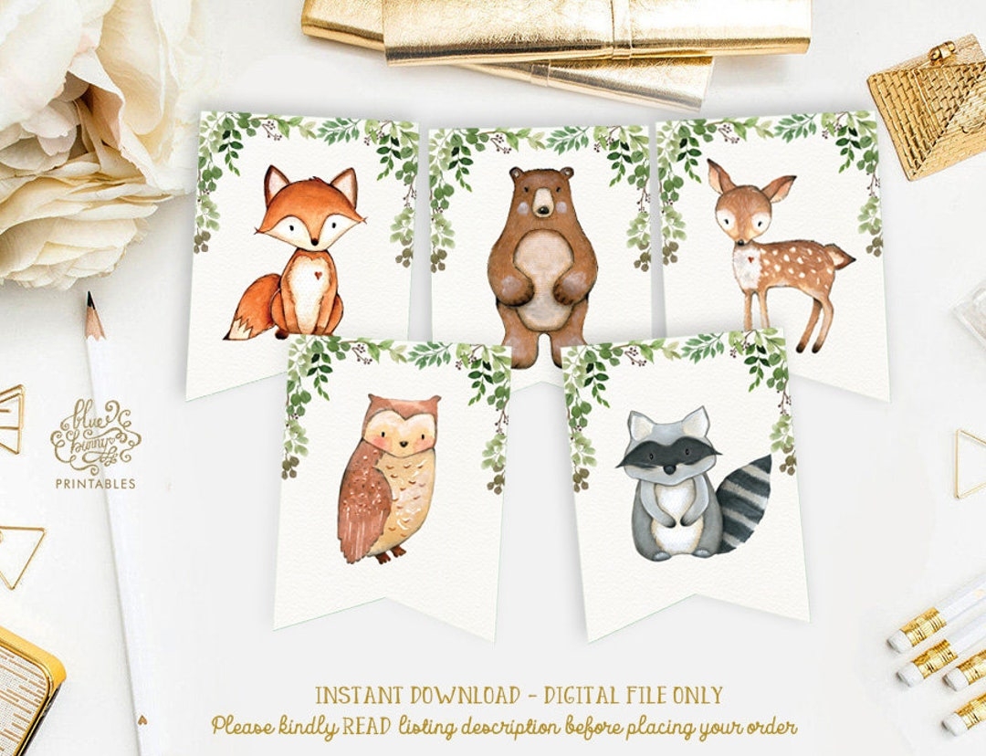 Cute Woodland Animals Printable Banner Greenery Forest Birthday Baby Shower Decorations Party Bunting Printable INSTANT DOWNLOAD BOT5 Etsy